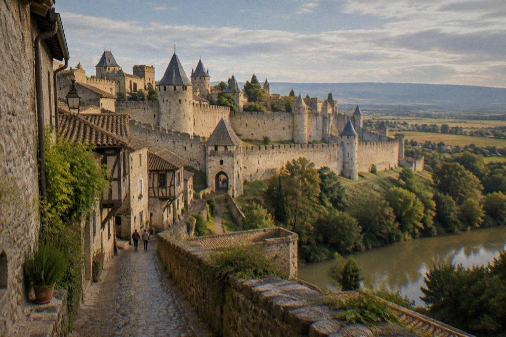 A narrow cobbled lane between stone and half-timbered houses inside the walled city of Carcassonne in early morning light