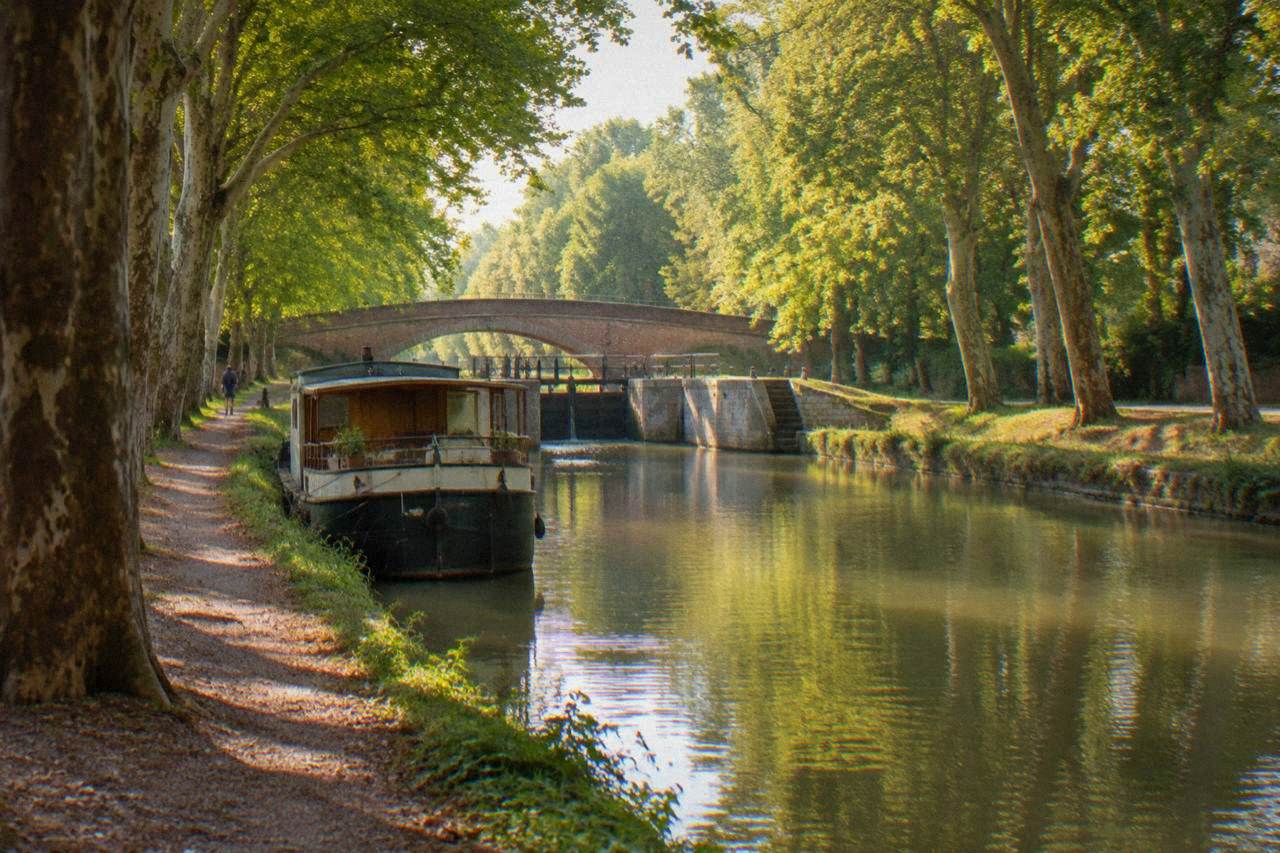 A tree-lined stretch of the Canal du Midi with still green water and a moored boat