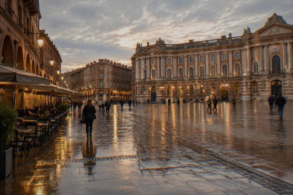 A wet street in central Toulouse reflecting the lights of shopfronts after an evening shower