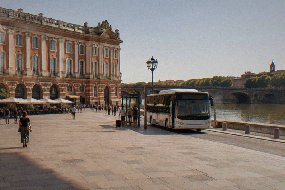 The airport shuttle bus waiting at a stop outside the terminal in Toulouse