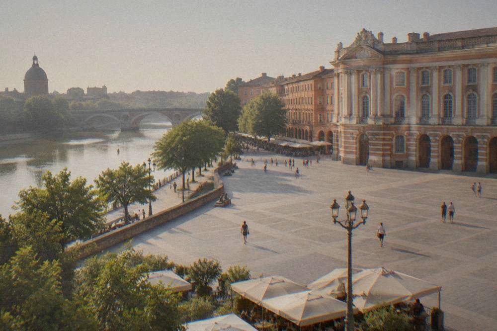 A shaded riverside walkway along the Garonne with trees and old stone bridges in Toulouse