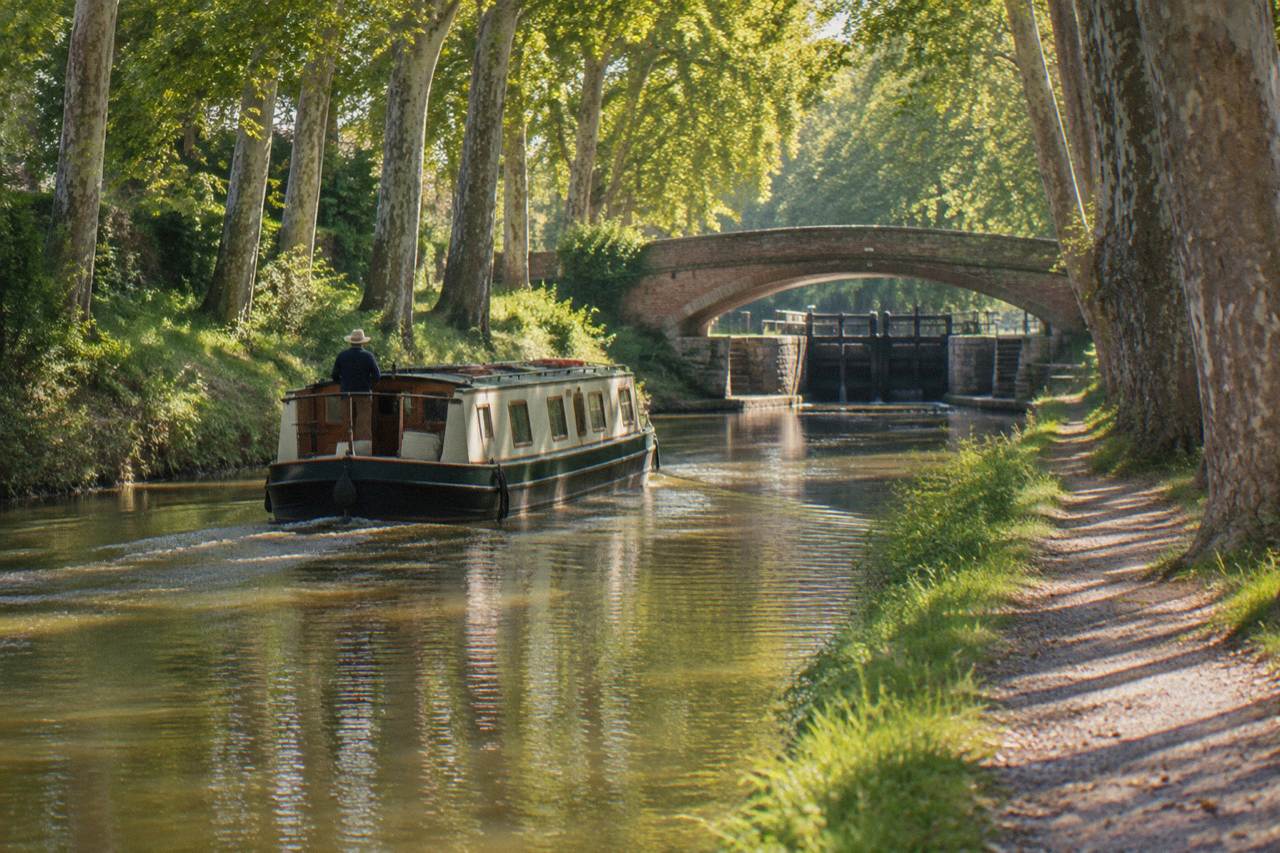 A canal boat gliding along the tree-lined Canal du Midi near Toulouse