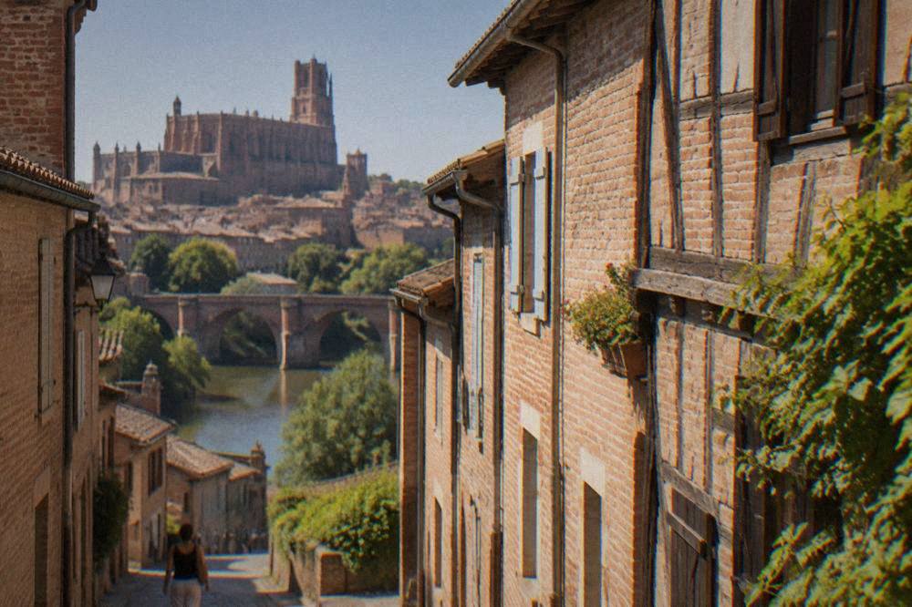 A narrow medieval street of half-timbered and brick houses in the old center of Albi