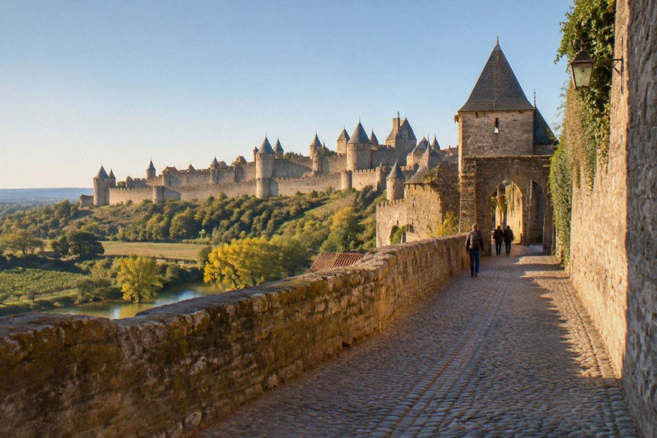 Cobbled lane inside the medieval walled city of Carcassonne with stone walls rising on both sides