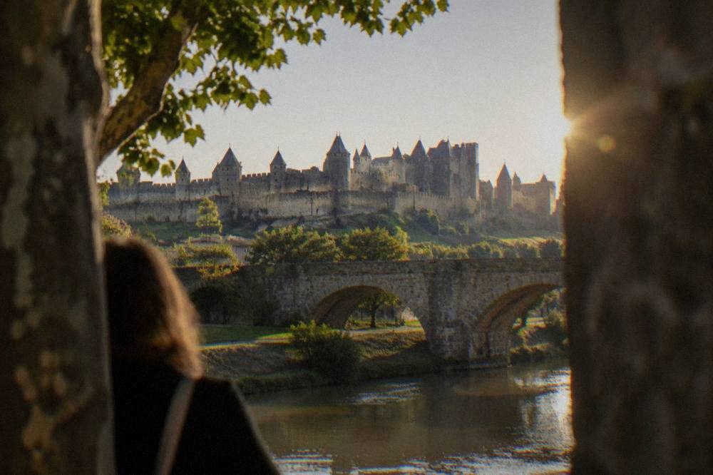 View across the Pont Vieux toward the towers and ramparts of the walled city of Carcassonne
