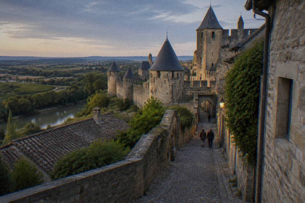 A narrow cobbled street inside the walls of Carcassonne with stone buildings and a stone tower at the end of the lane