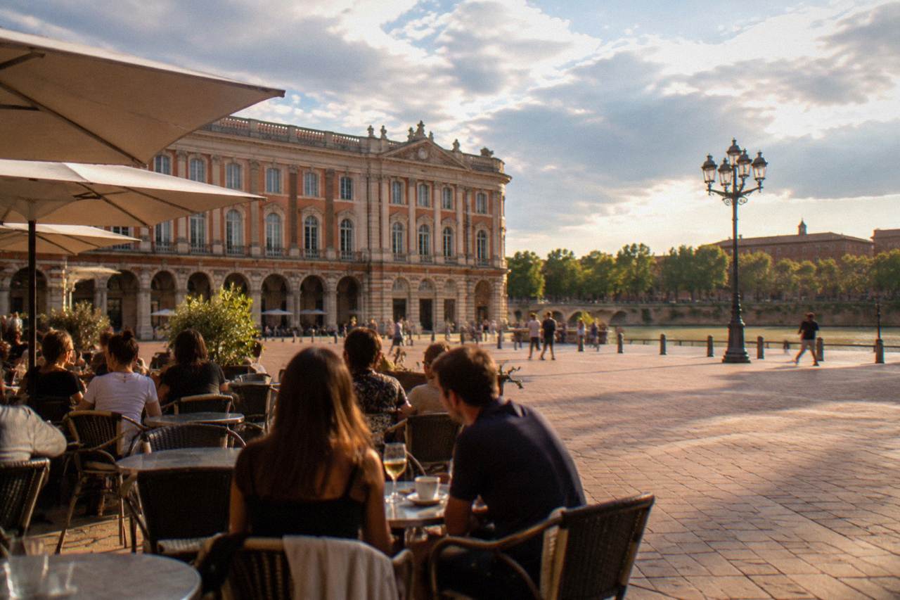 A cafe terrace on a pink brick square in Toulouse with people talking at outdoor tables