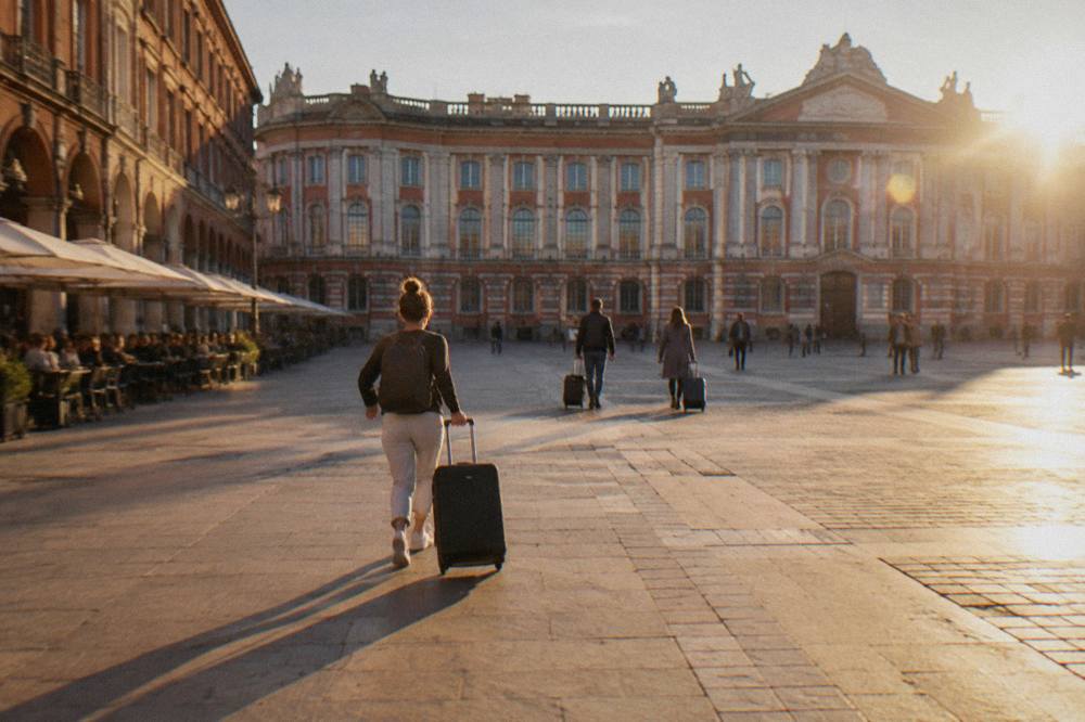 Travelers with suitcases walking along a station platform toward a waiting train