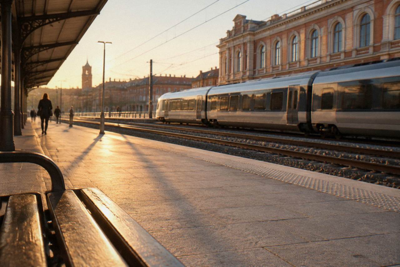 A railway platform in Toulouse with a passenger train waiting by the tracks in early evening light