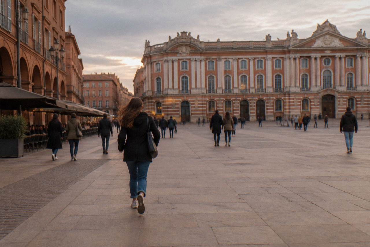 Pedestrians walking along a Toulouse street lined with pink brick buildings