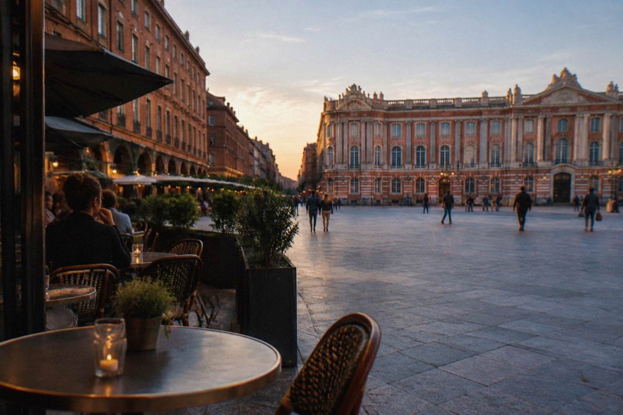 Outdoor tables of a restaurant on a Toulouse street with pink brick buildings behind them