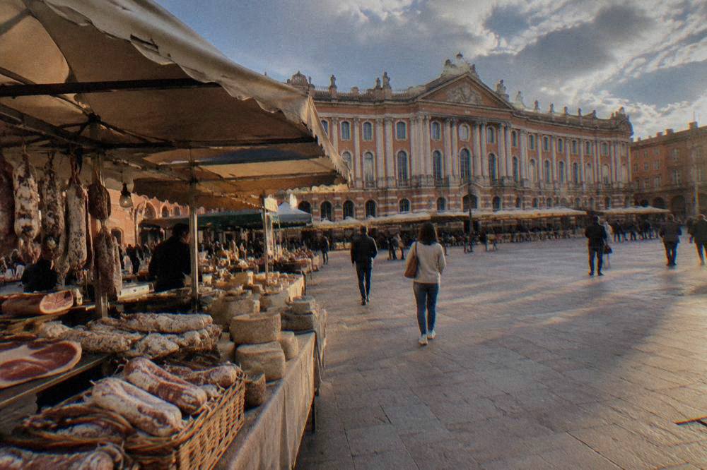 Stalls of a covered food market in Toulouse with cured meats and cheeses on display