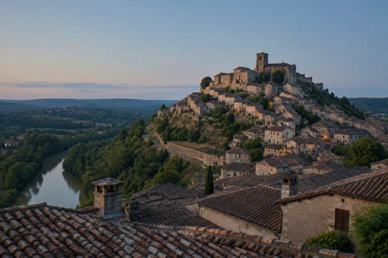 A view over terracotta rooftops of a hilltop town in southwestern France under a clear sky