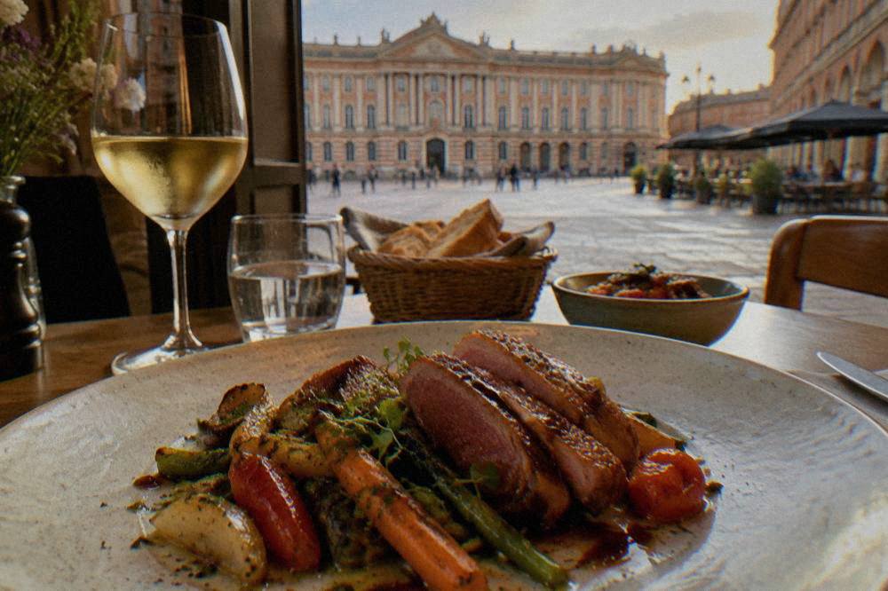 A plated dish of southwestern French cuisine with duck and market vegetables in a Toulouse dining room