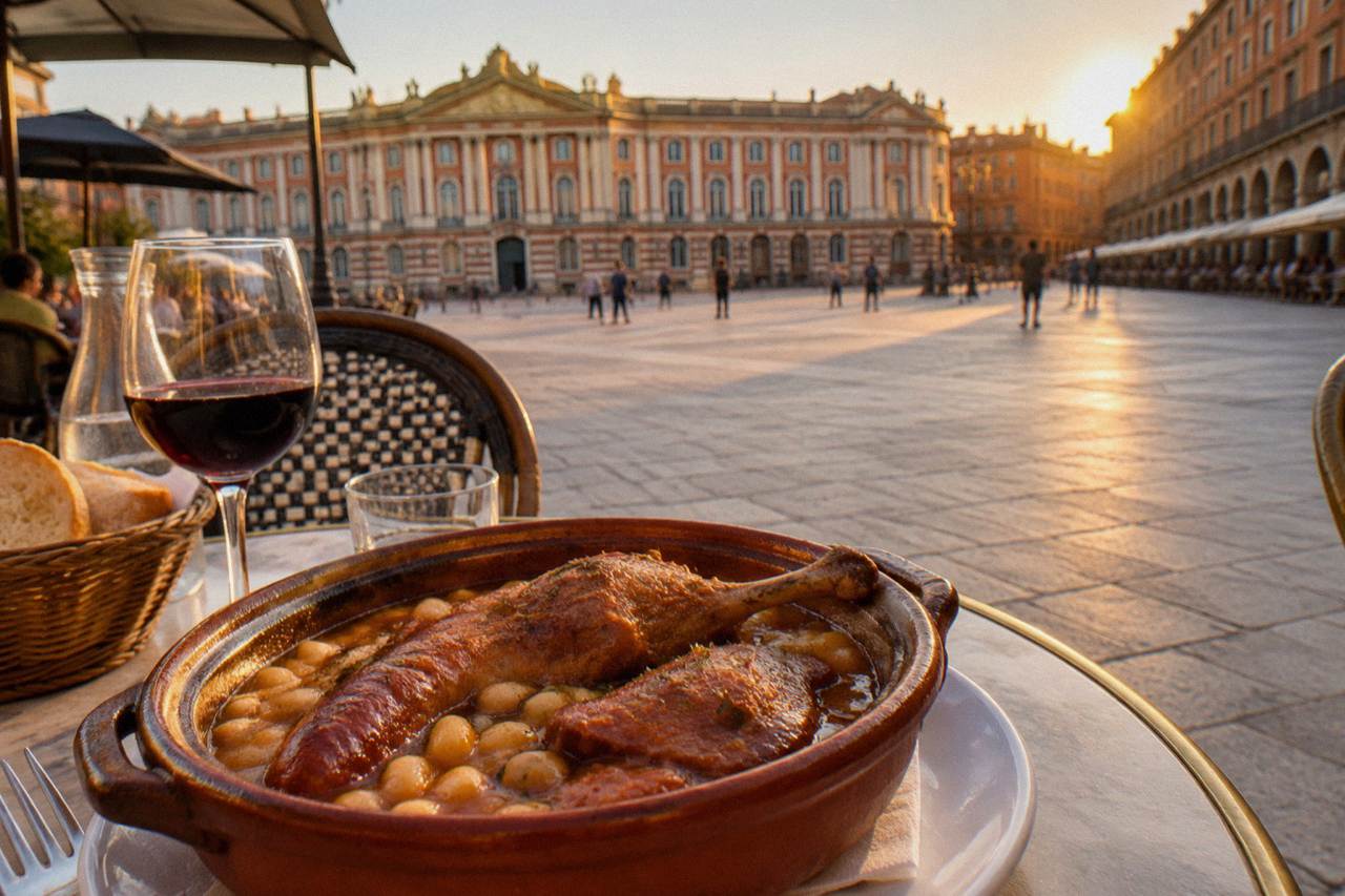 A clay cassole dish of cassoulet with beans, sausage and duck confit on a restaurant table