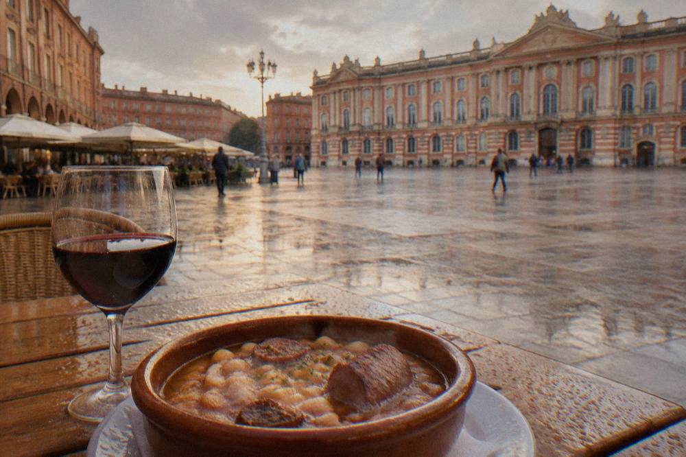 A glass of red wine poured beside a dish of cassoulet on a wooden table