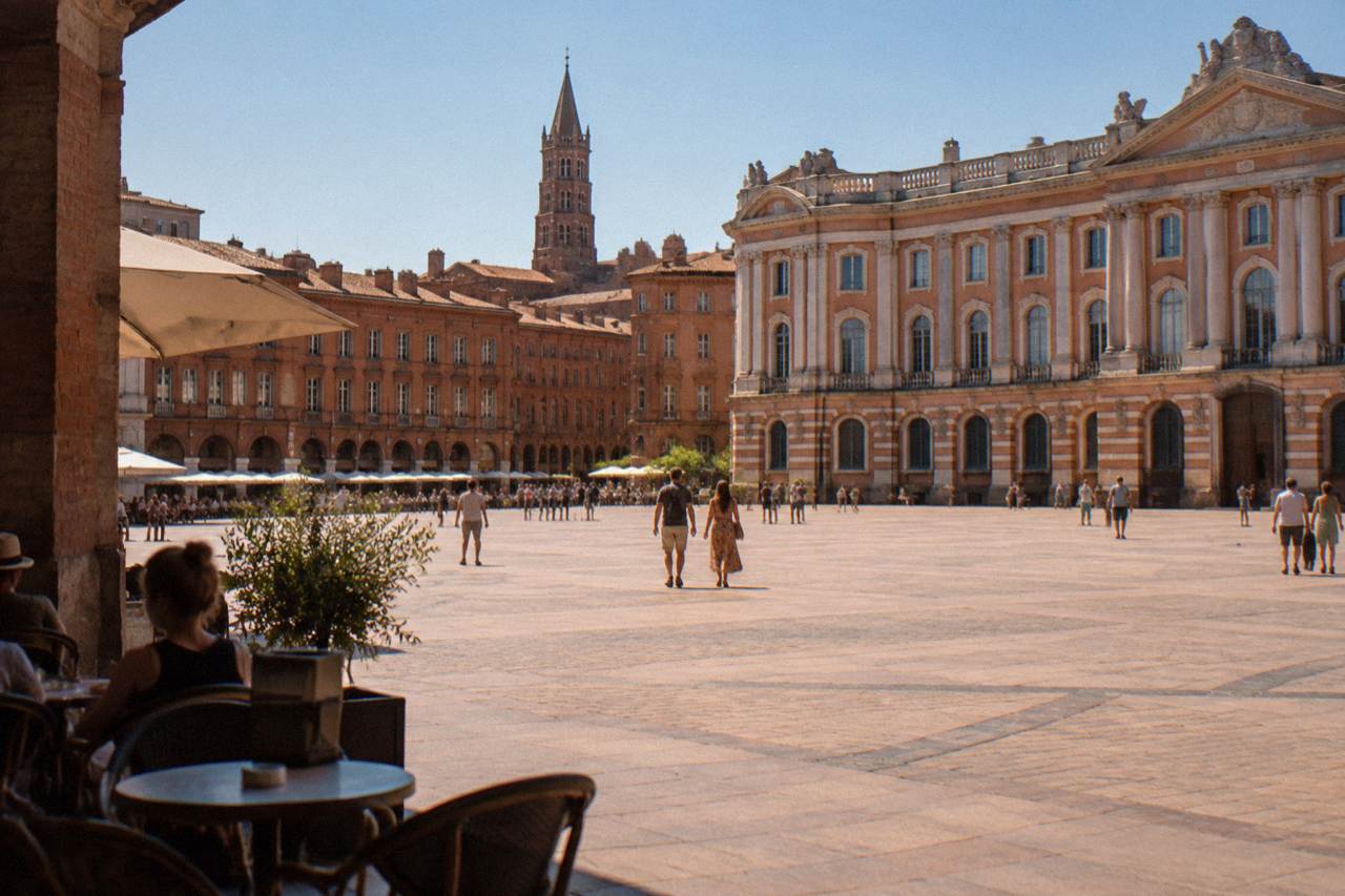 Pink brick buildings and a church tower in the historic center of Toulouse under a clear sky