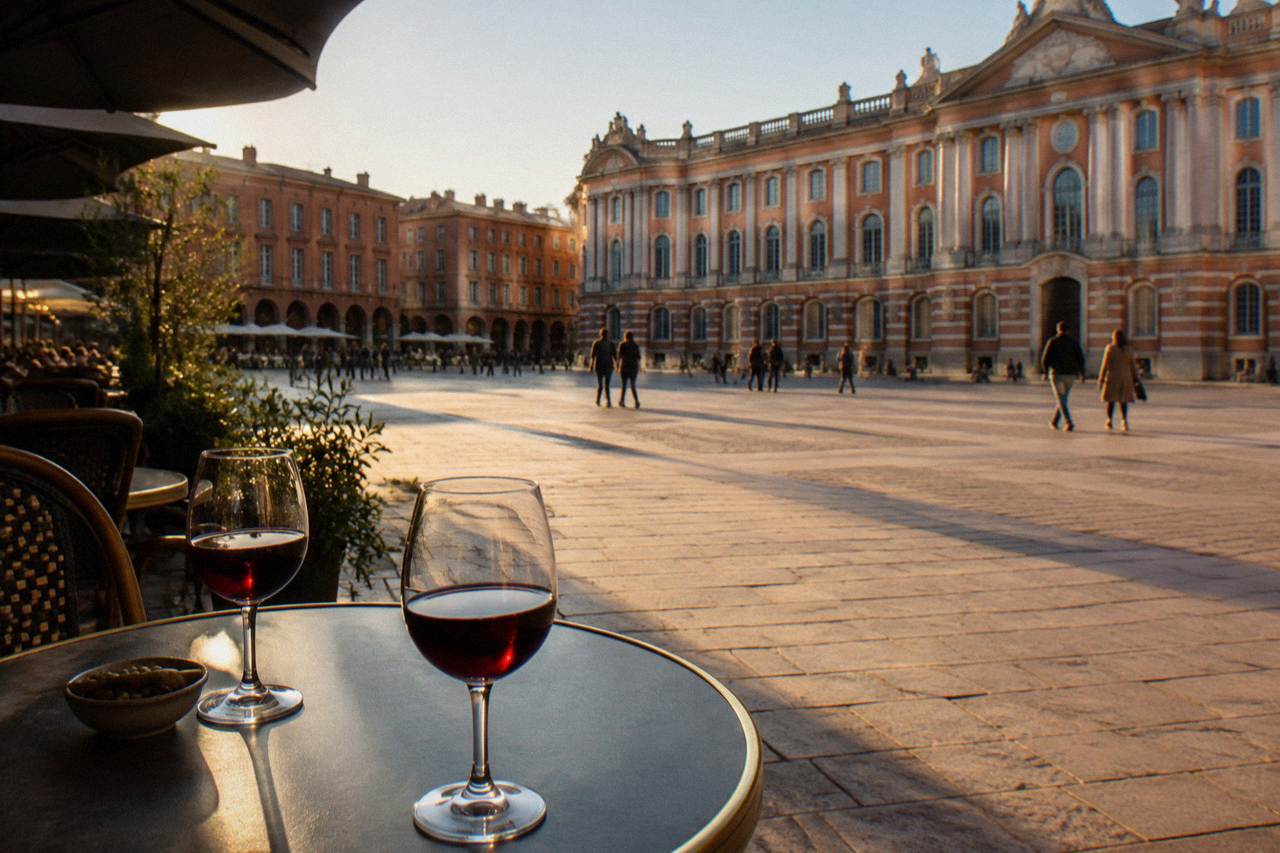 Glasses of red wine on a cafe table in a Toulouse square in the evening