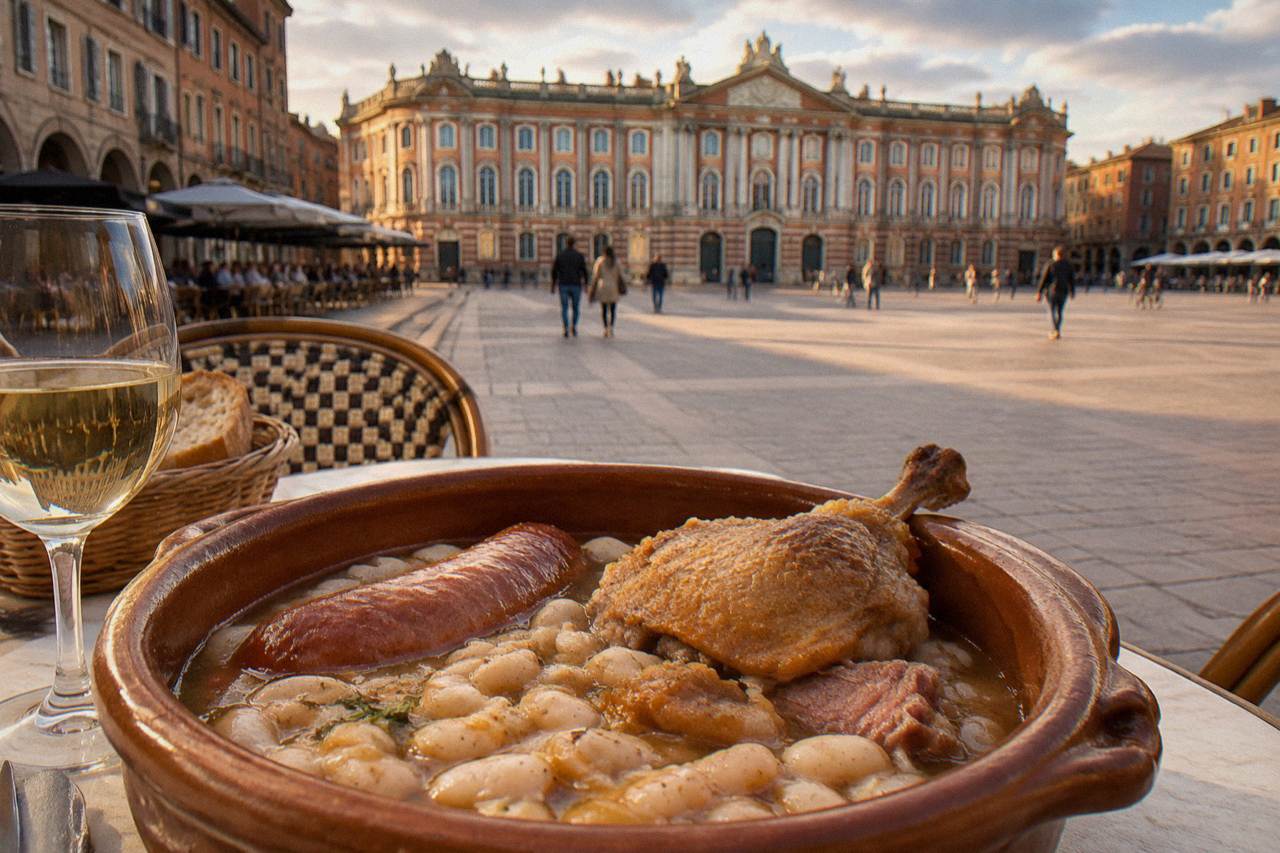 A clay dish of cassoulet with white beans, sausage and duck confit on a restaurant table