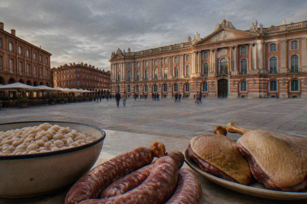 White beans, Toulouse sausage and duck confit arranged on a kitchen counter before cooking
