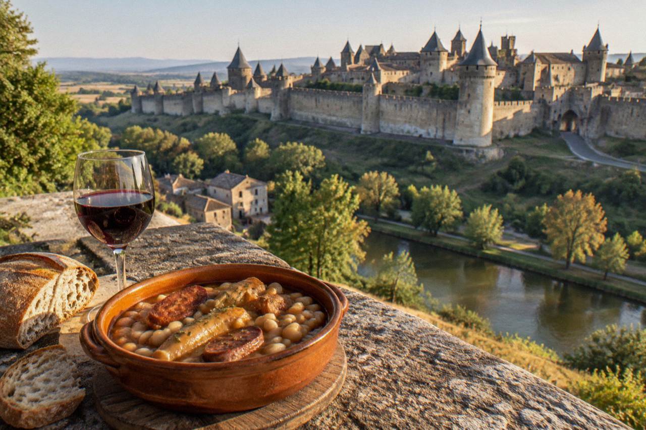 A stone table set with a clay cassoulet dish, a glass of red wine and rustic bread beside a medieval walled city skyline