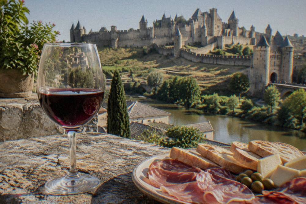 A glass of red wine and a plate of charcuterie on a terrace overlooking medieval stone towers