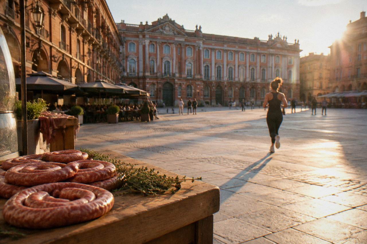 Fresh Toulouse sausages coiled on a butcher's wooden counter beside sprigs of thyme
