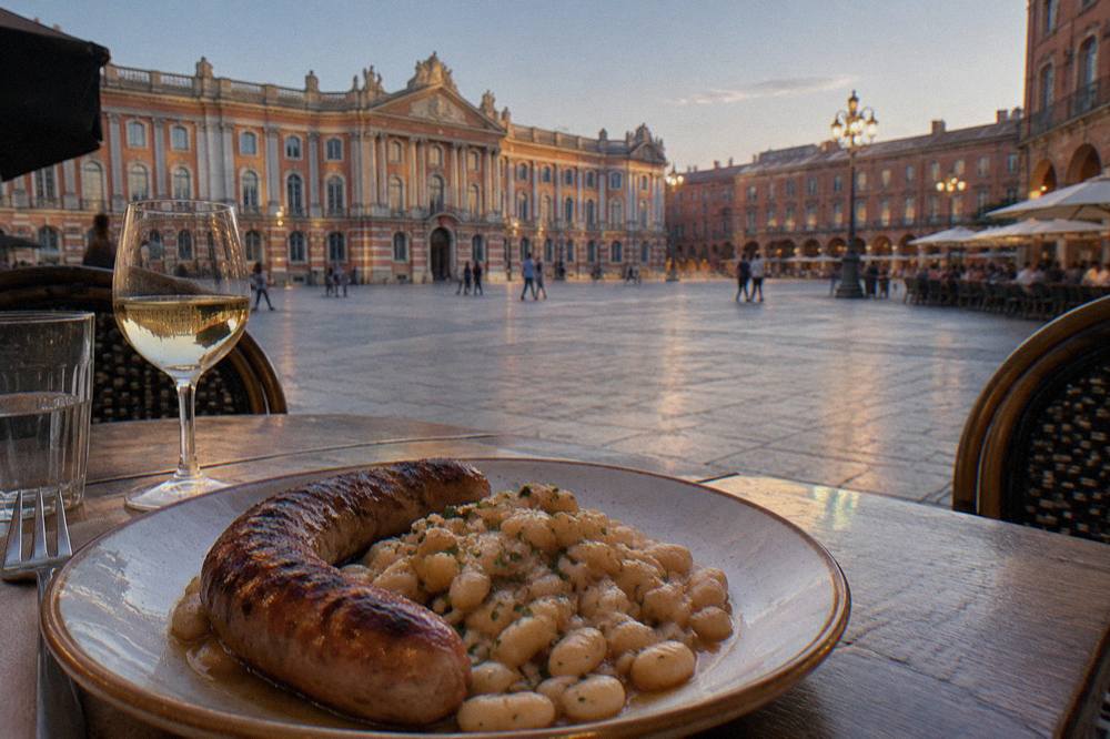A plate of grilled Toulouse sausage served with white beans in a Toulouse bistro