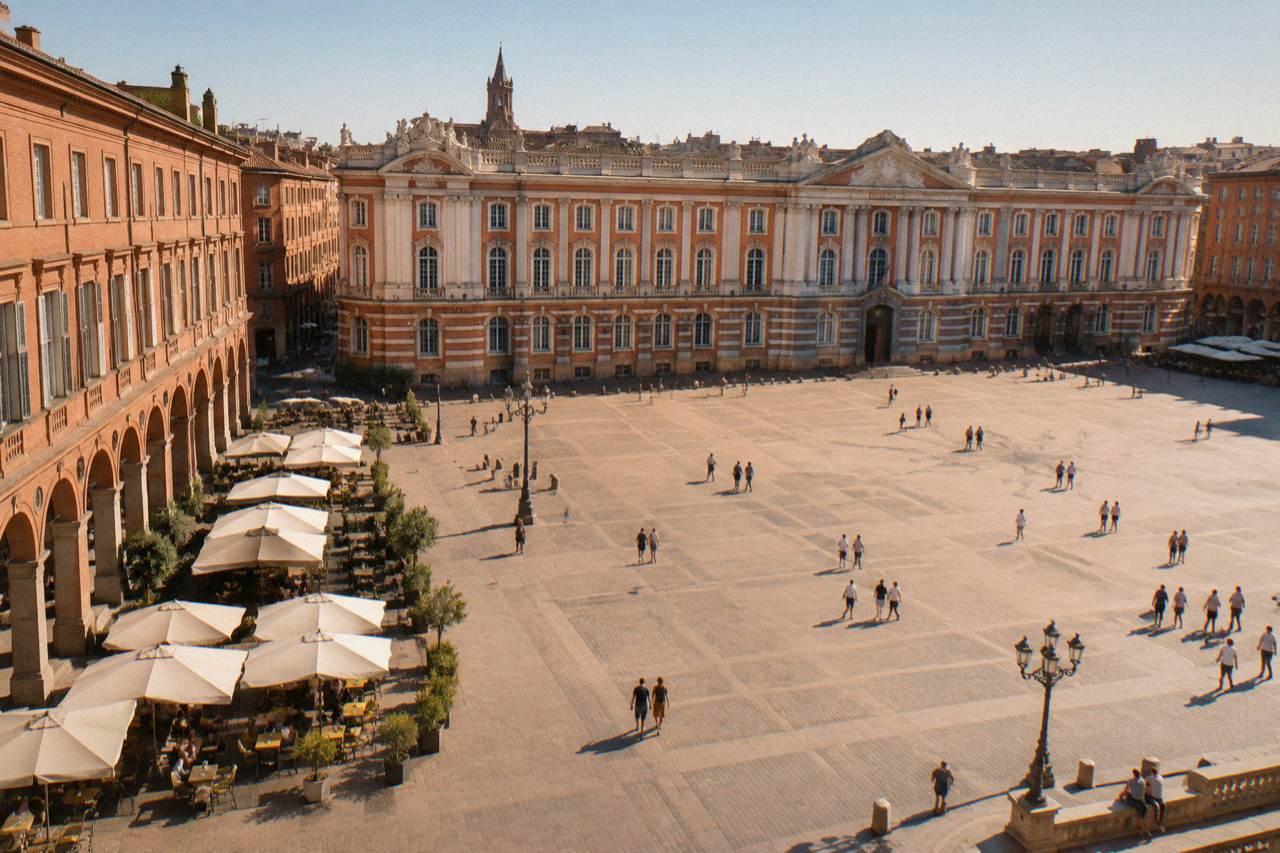 The wide open Place du Capitole in Toulouse with its pink brick buildings under a clear sky
