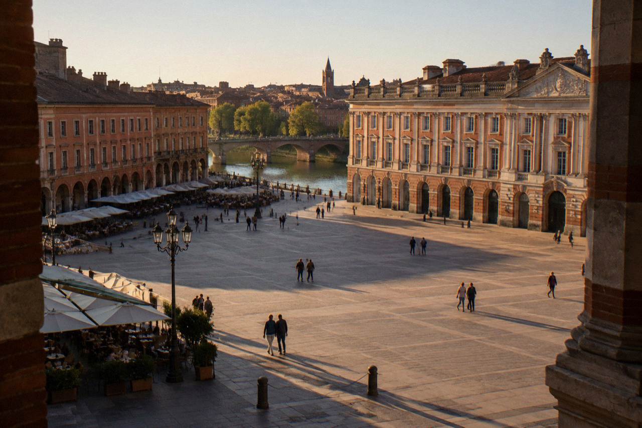 The pink brick buildings and tiled roofs of Toulouse seen from above on a clear day