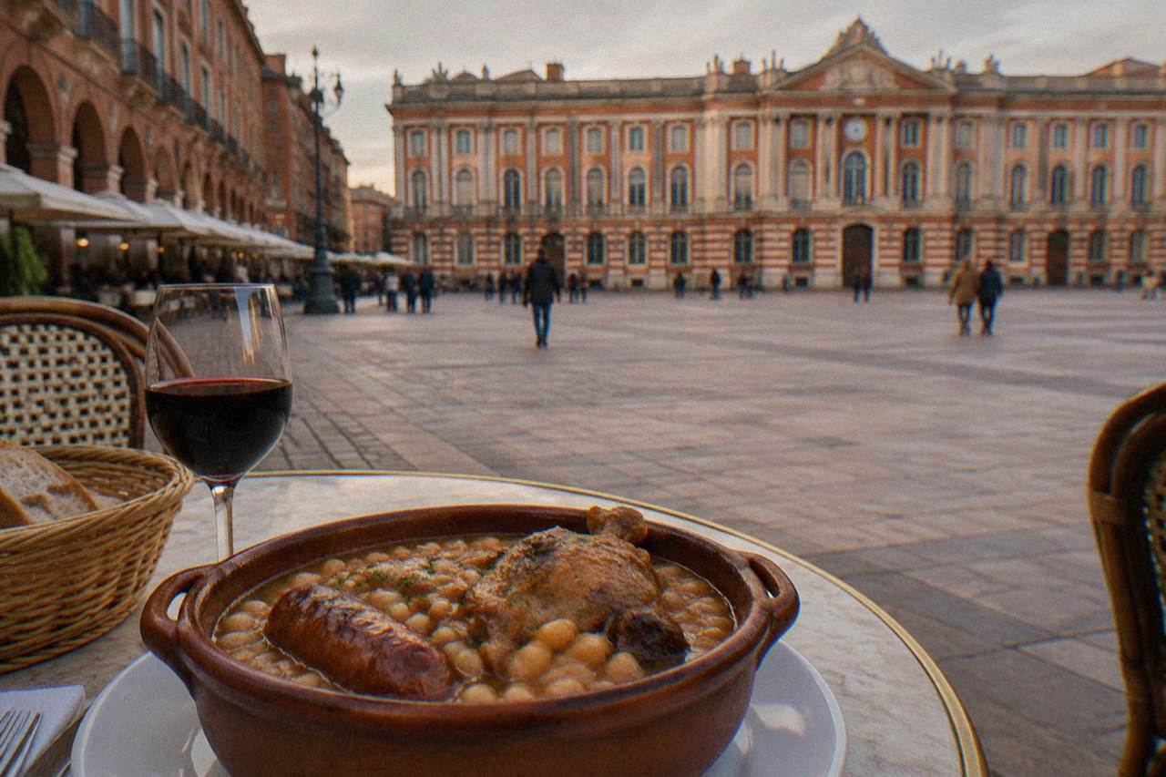 A clay cassole dish of cassoulet with beans, sausage and confit served on a restaurant table