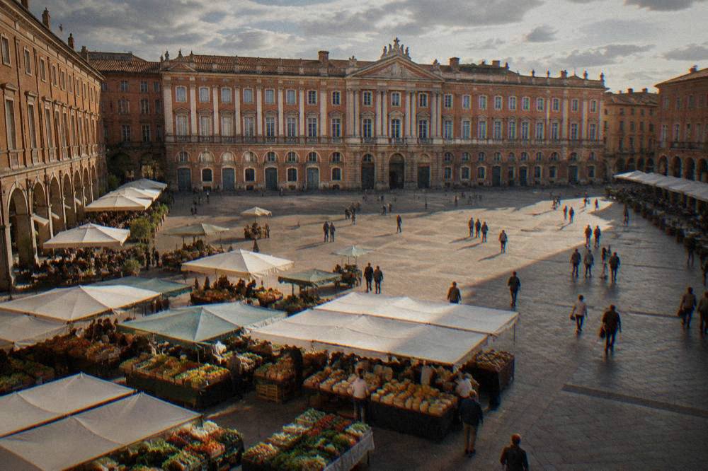 Stalls of fresh produce, cheese and bread inside a covered market in Toulouse