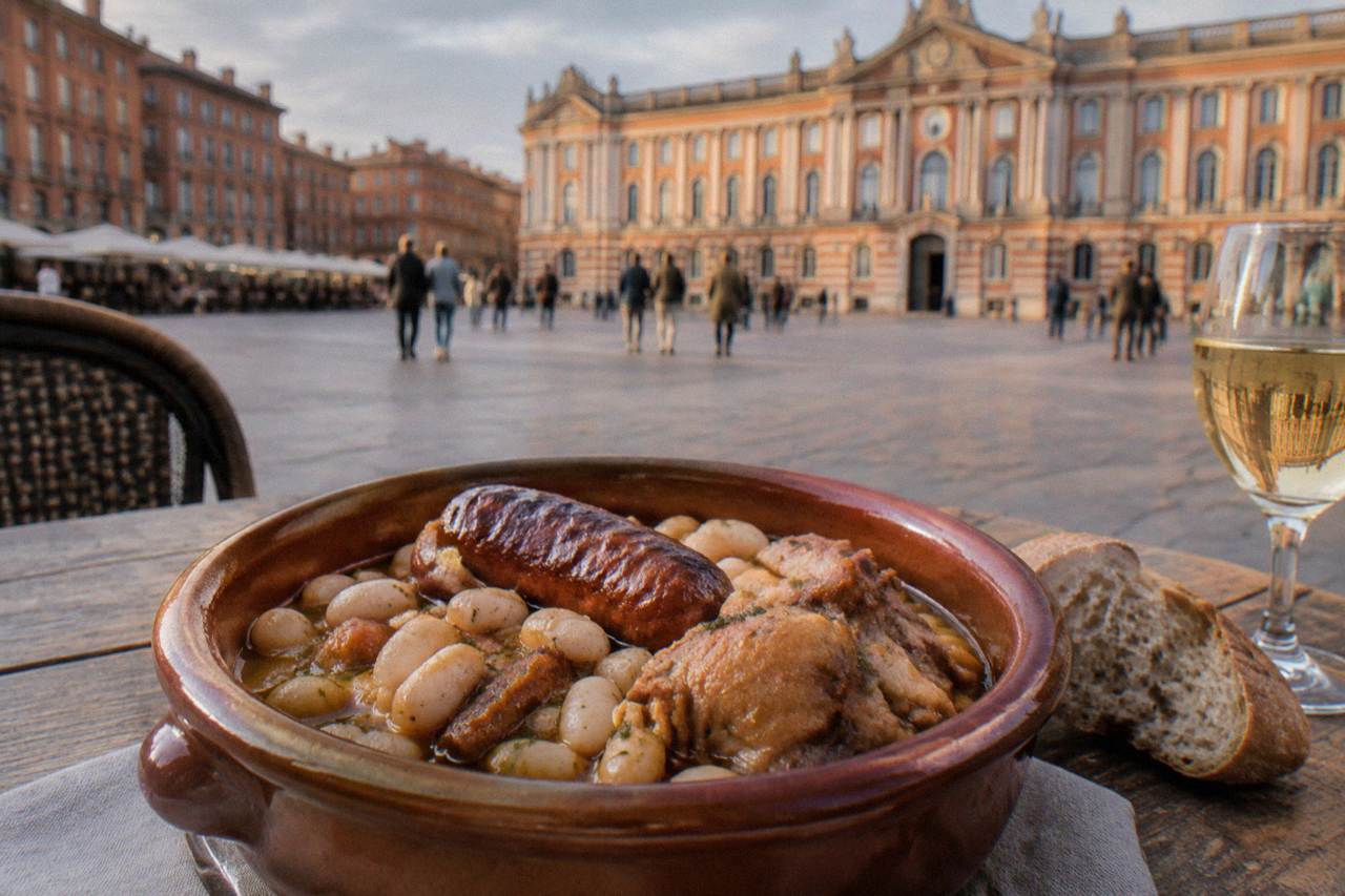 A traditional clay cassoulet dish with white beans, sausage and confit, served on a rustic table