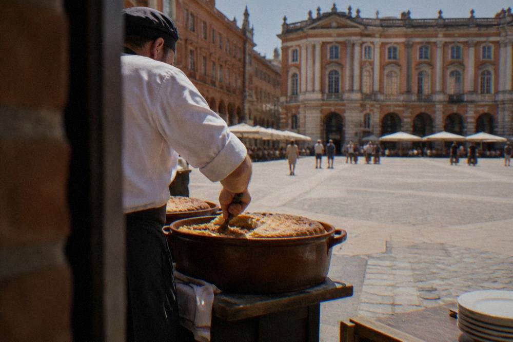 A cook breaking the golden crust on a cassoulet pot fresh from the oven