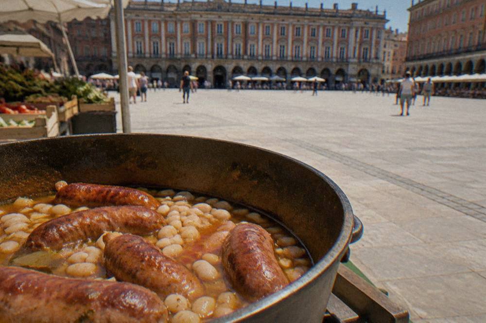 A bowl of Toulouse sausage and white beans cooking in a pot on a market stall