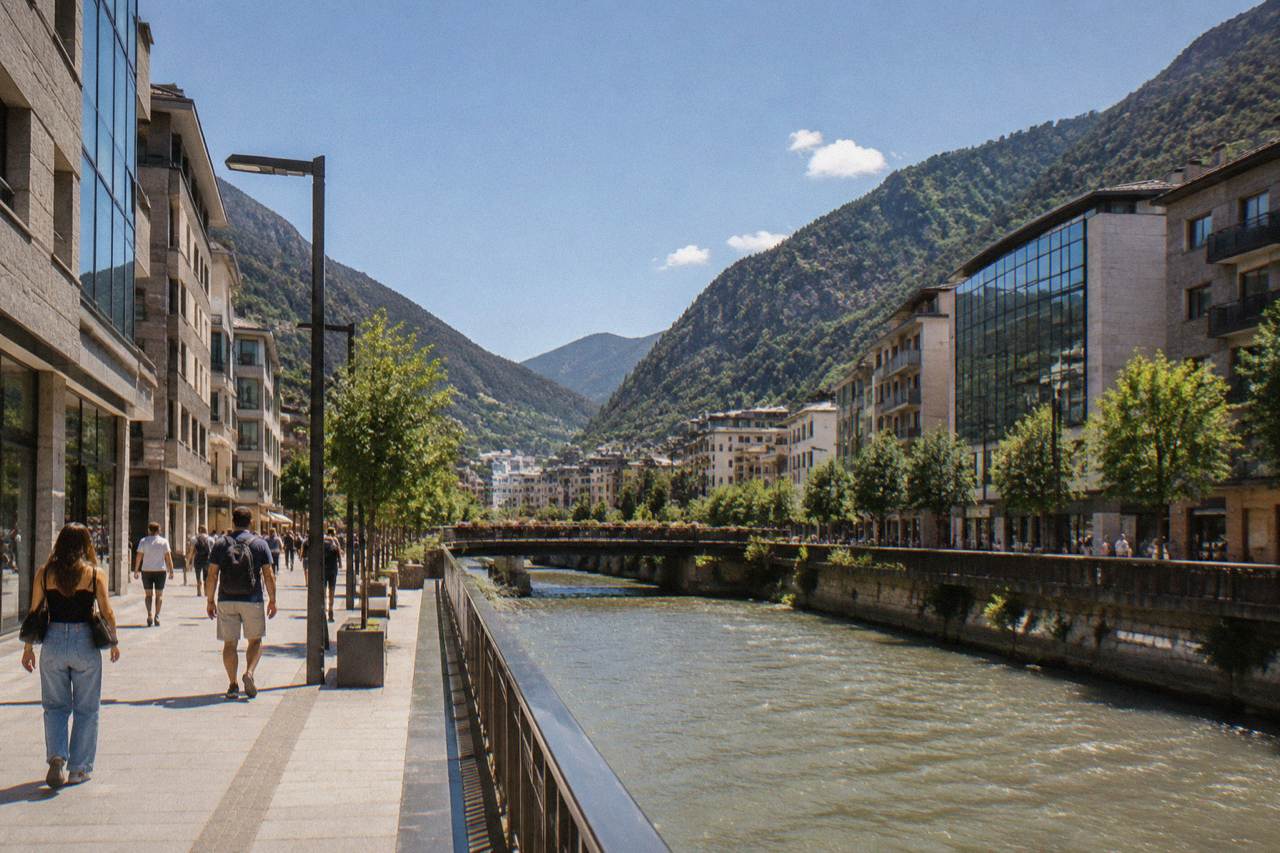 Street signs in Catalan on a stone building in an Andorran mountain town