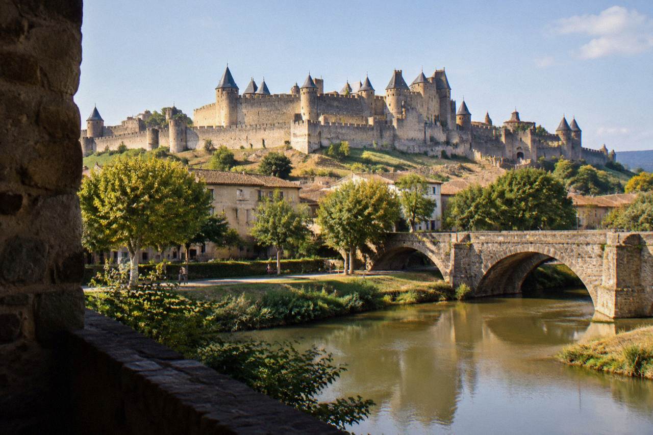 The stone walls and pointed towers of Carcassonne's medieval citadel rising above the surrounding town