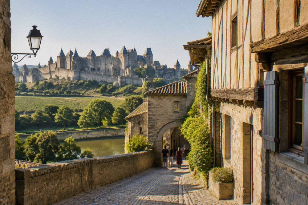 A narrow cobbled street inside the walls of Carcassonne lined with half-timbered facades