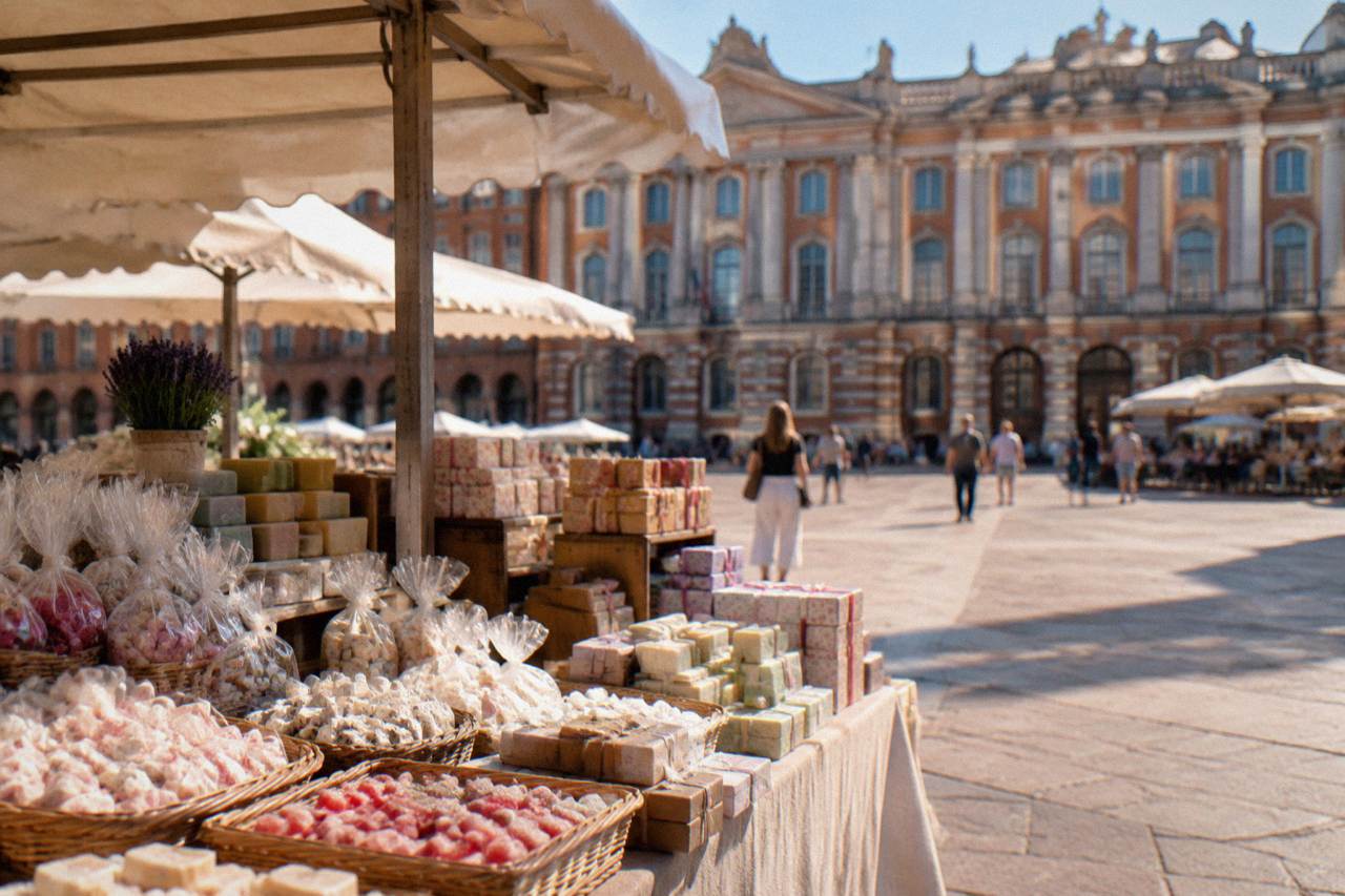 Stalls of sweets, soap and gift boxes on a market square in Toulouse