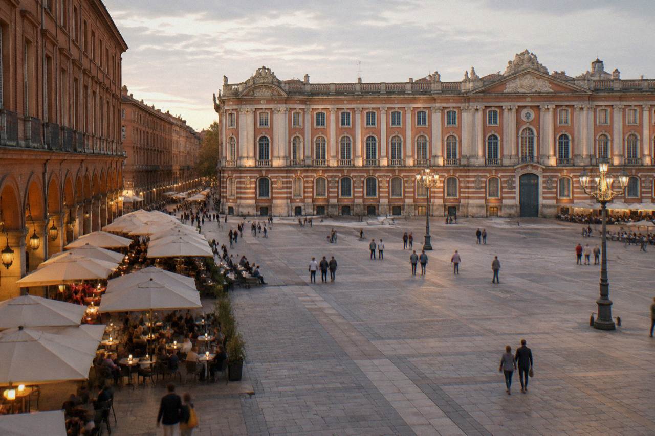Evening tables set for dinner outside restaurants on a Toulouse square
