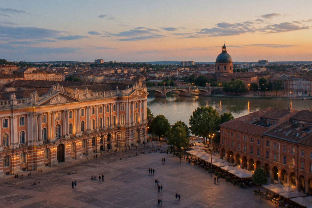 Evening view over Toulouse rooftops with the dome of the Grave chapel beside the Garonne river