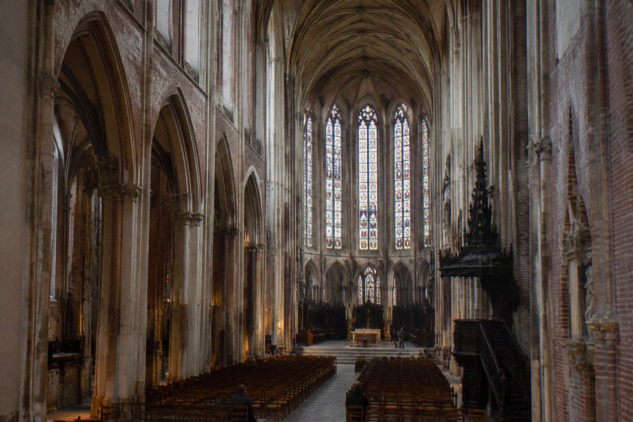 The gothic interior of Toulouse Cathedral seen from the nave toward the choir