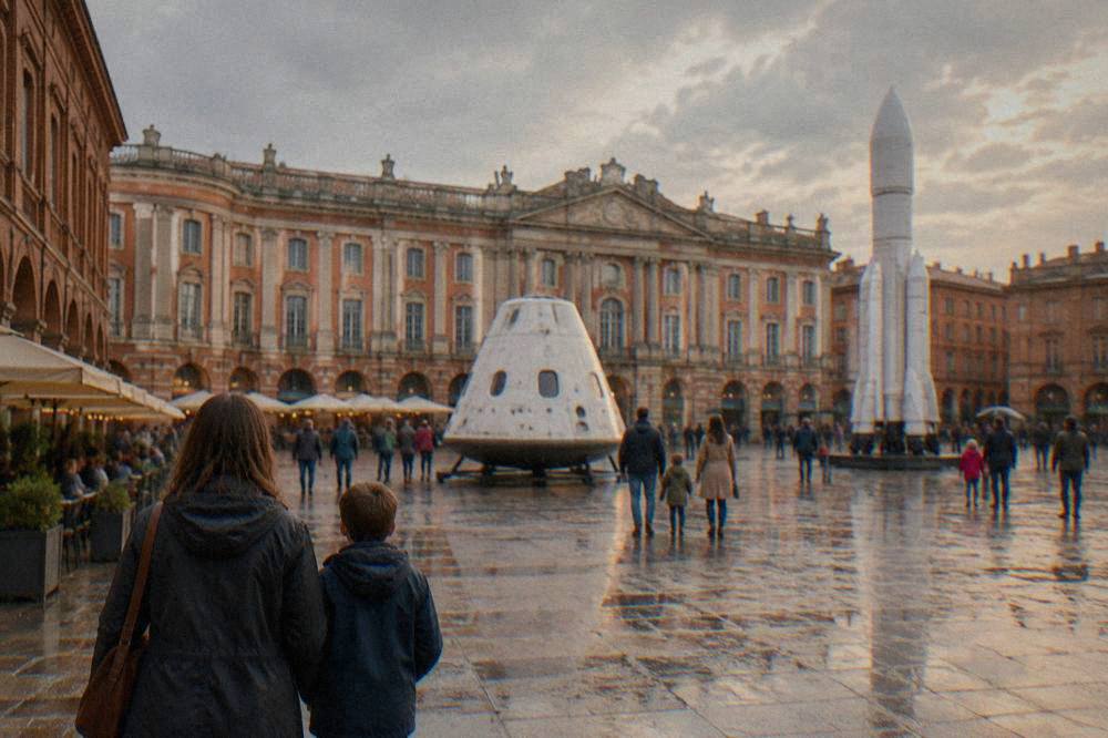 Families walking among spacecraft exhibits at an outdoor space park in Toulouse