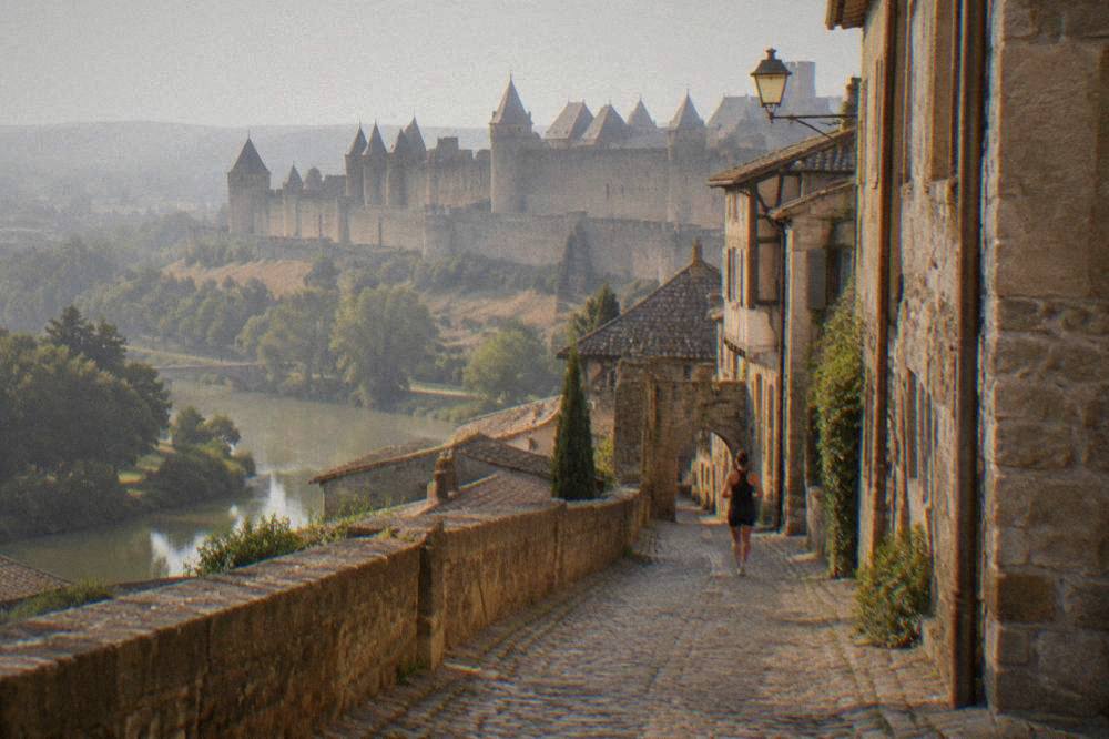 A narrow cobbled street inside the walls of Carcassonne lined with half-timbered and stone houses