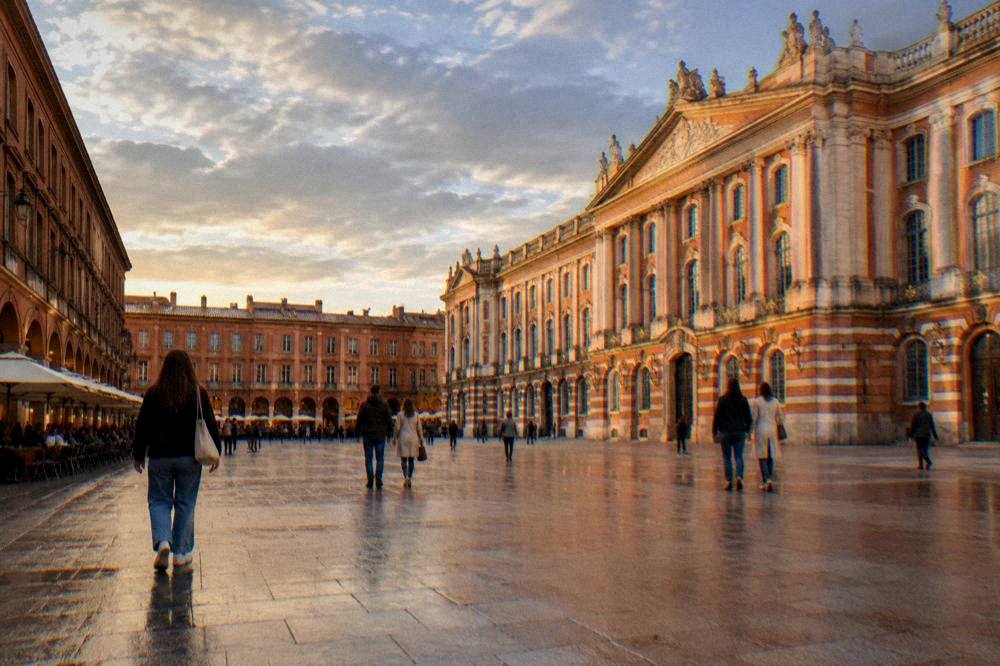 People strolling on a wide pedestrian street in central Toulouse in the evening light