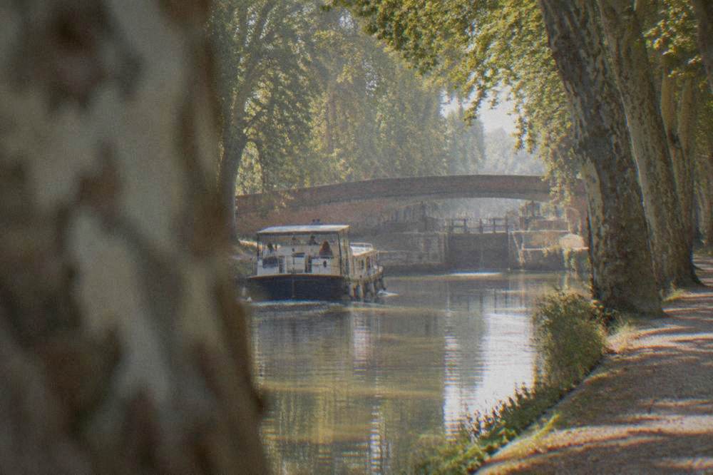 A flat canal boat gliding between plane trees along the Canal du Midi near Toulouse