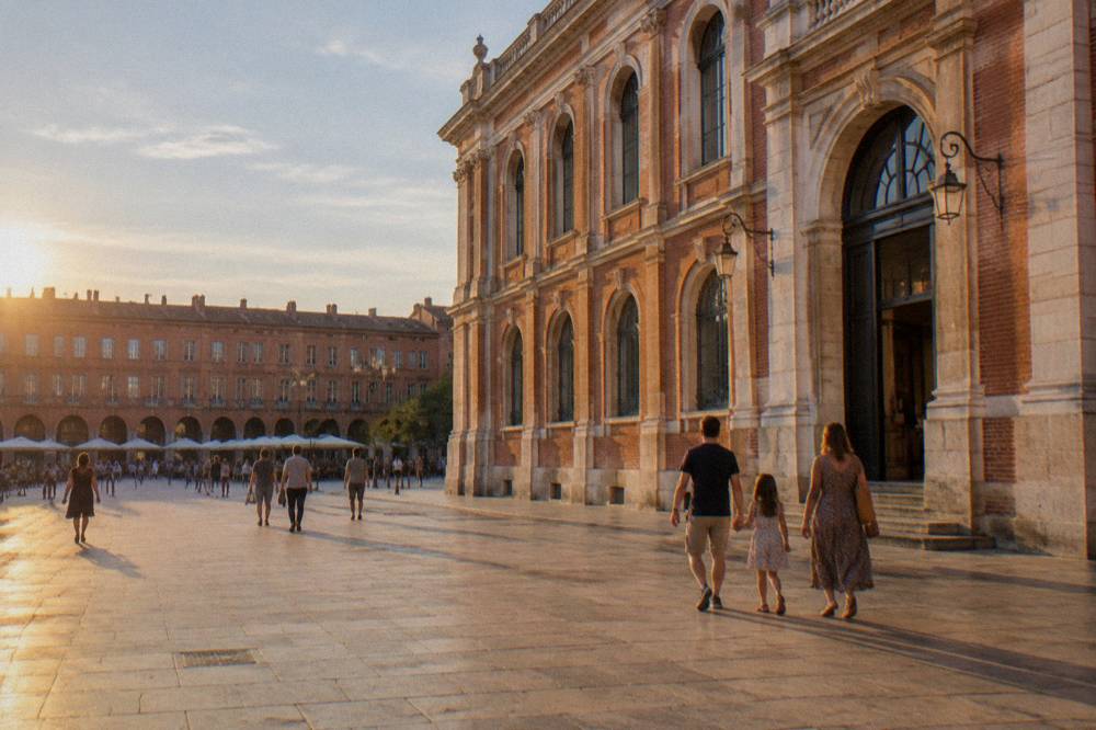 A family walking past a museum entrance with pink brick walls in central Toulouse