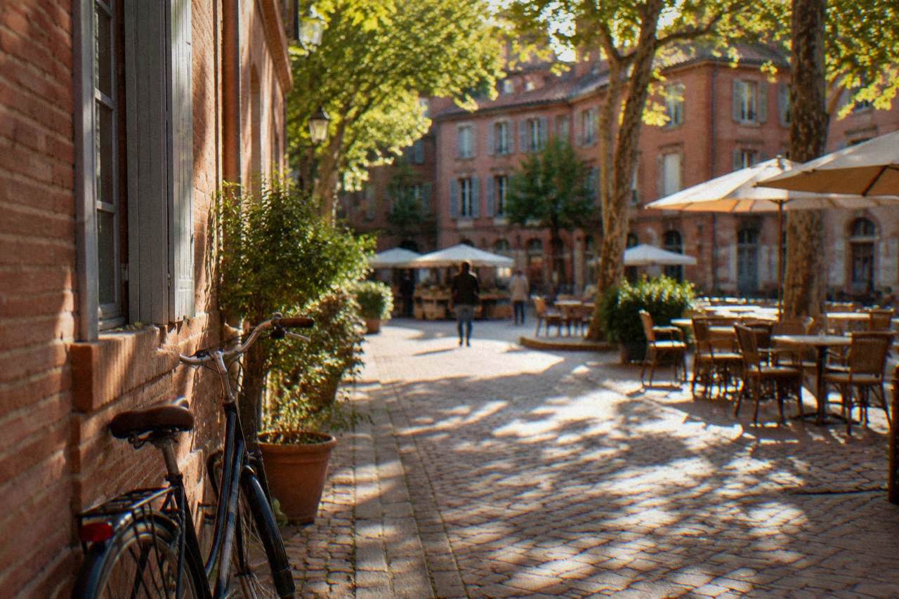 A quiet pink-brick street in the Saint-Aubin quarter of Toulouse in the late afternoon