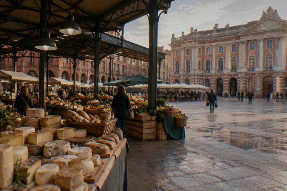 A covered market hall with stalls of cheese, bread and produce in Toulouse