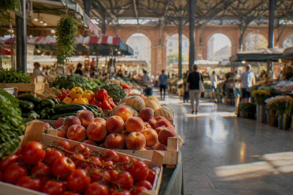 A covered market hall with food stalls and produce on display in Toulouse